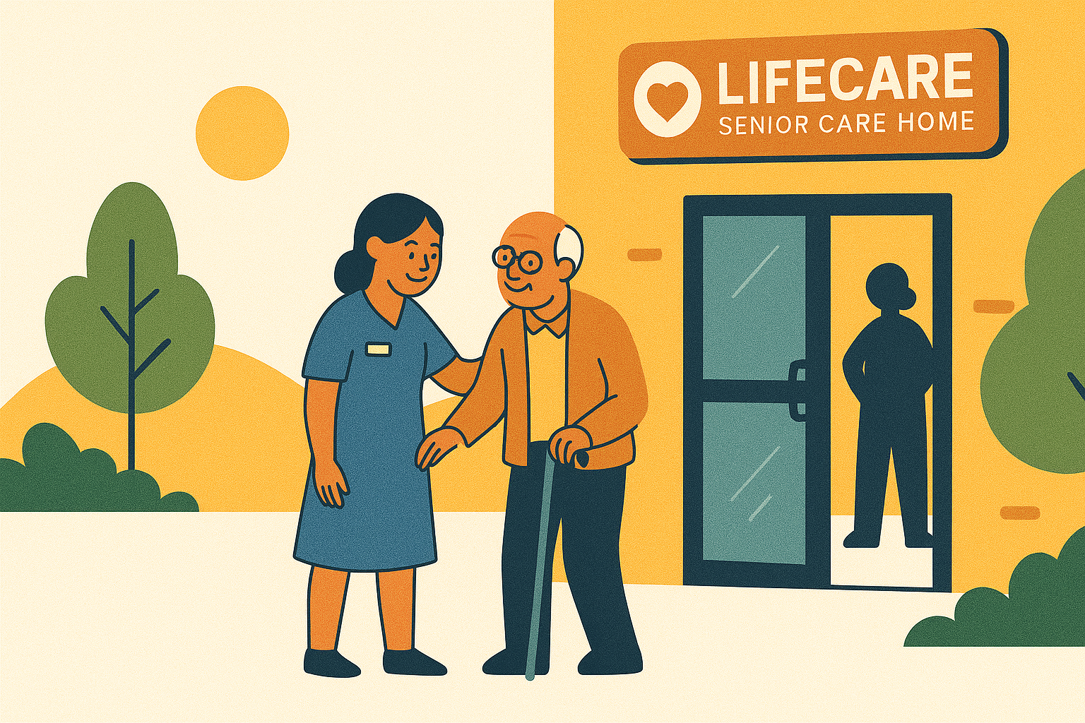 Caregiver assisting elderly resident outside Lifecare Senior Care Home