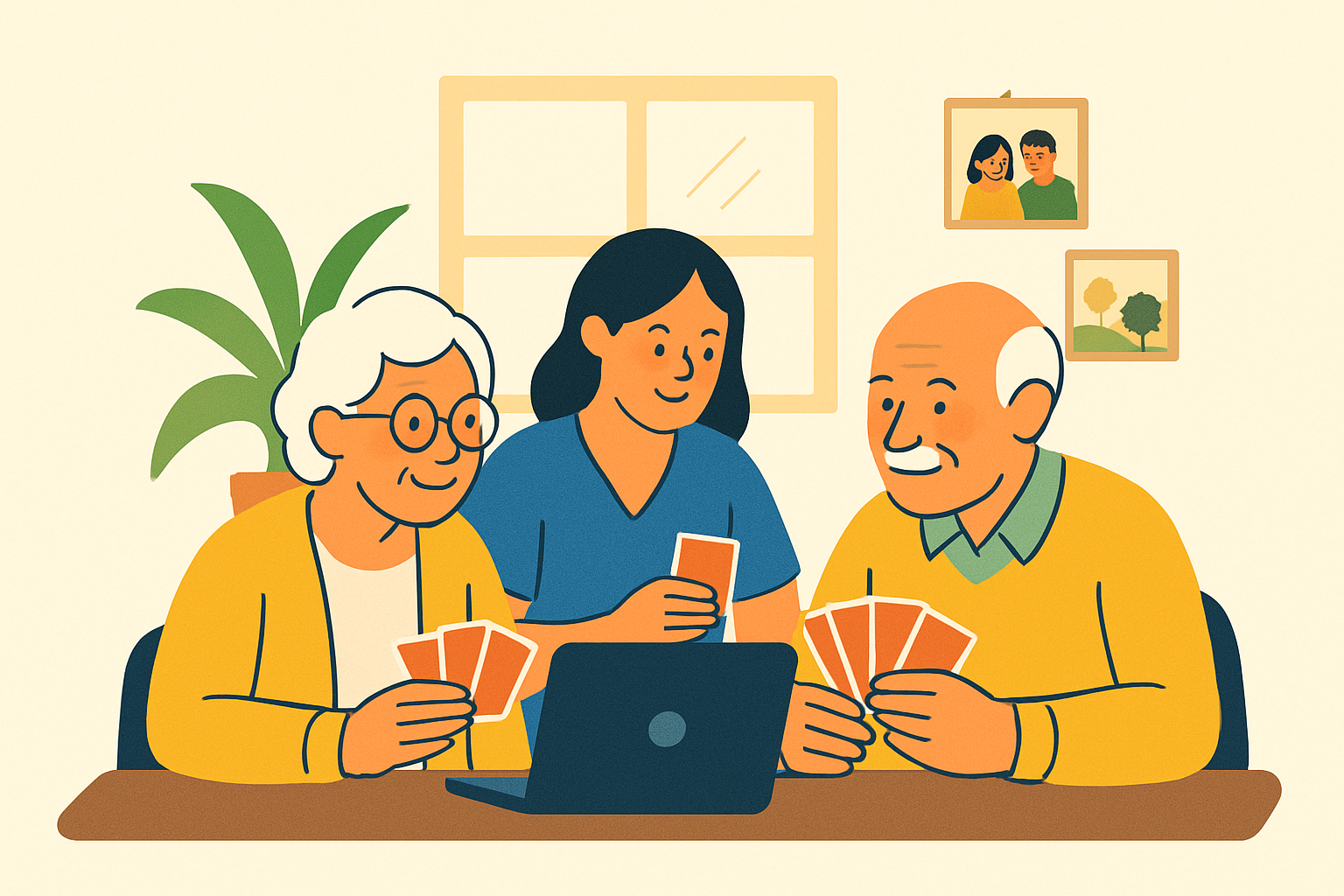 Seniors enjoying card games with caring staff at Lifecare Senior Care Home